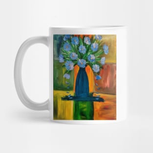 Mixed flowers in turquoise vase on a colorful tiles background Mug